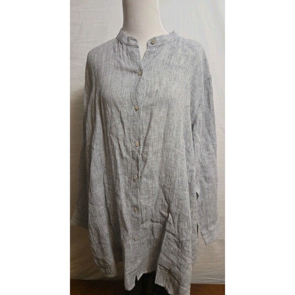 Eileen Fisher Size XL Shirt Crinkled Organic Linen Stripe Mandarin Collar Long - Picture 1 of 6